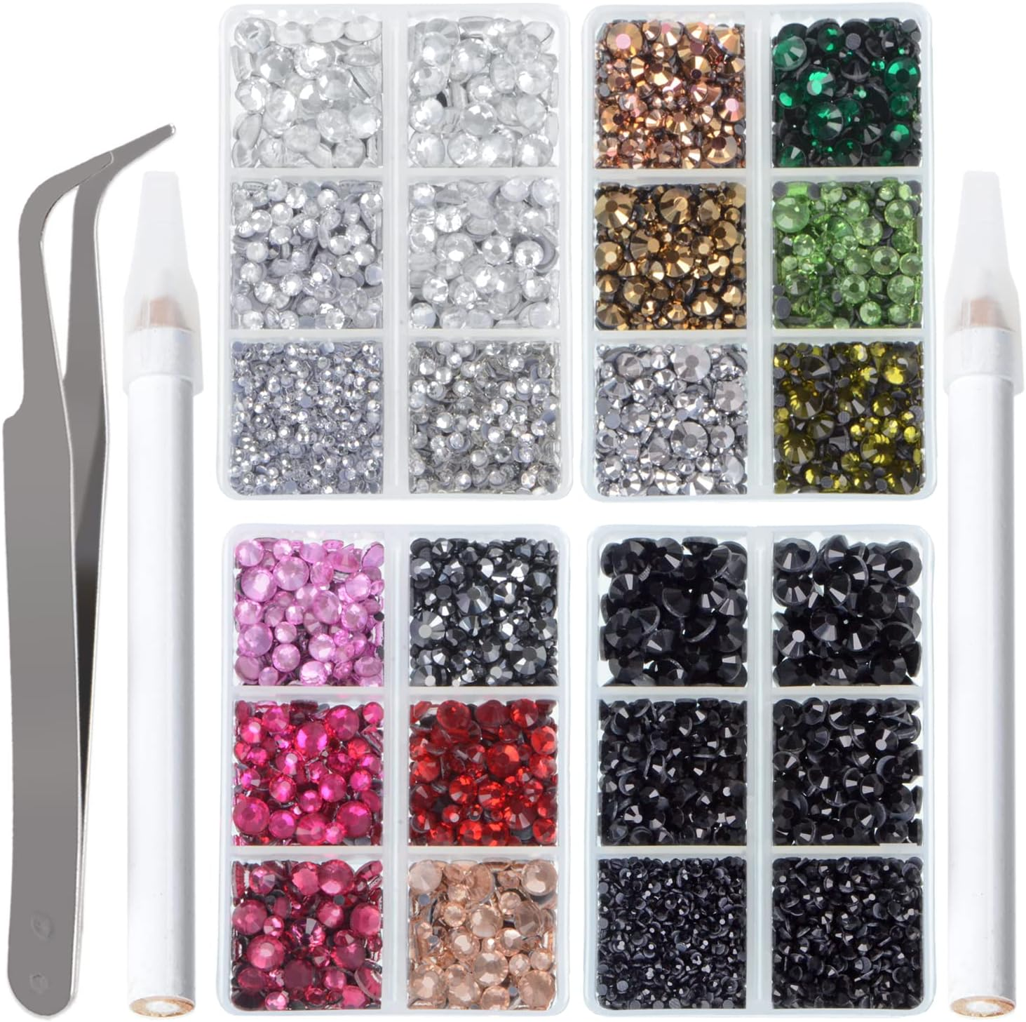 Lpbeads 10000Pcs Hotfix Rhinestones Flatback Glass Crystal 24 Mixed Color Rhinestone with Tweezers and Picking Pen for Crafts Clothes Nail Art