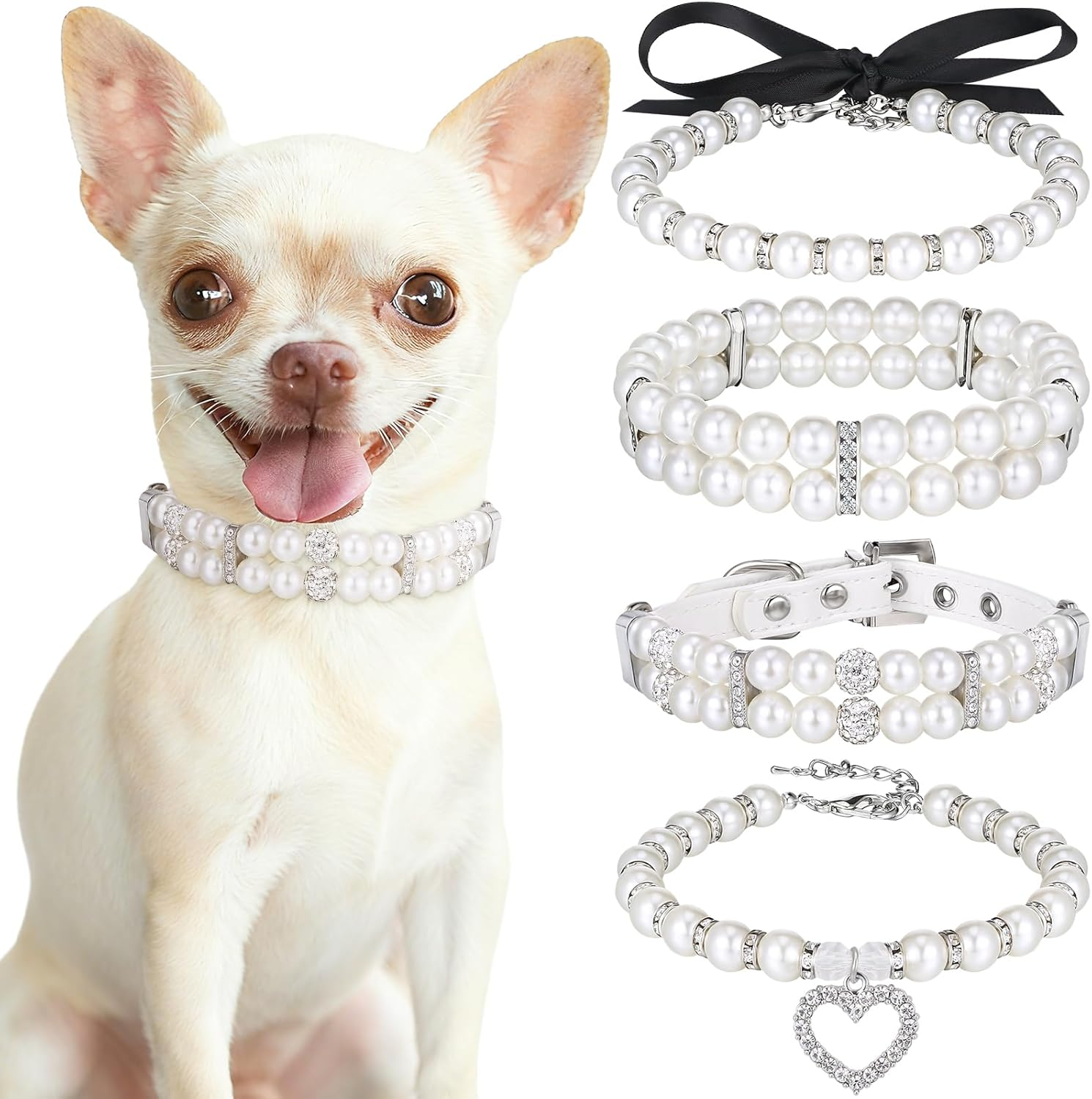 4 Pieces Dog Pearl Collars Pet Pearl Necklace Set Cat Pearl Neck Strap Crystal Rhinestones Pearls Charms for Small Dogs Cats Wedding Birthday Party (Medium)