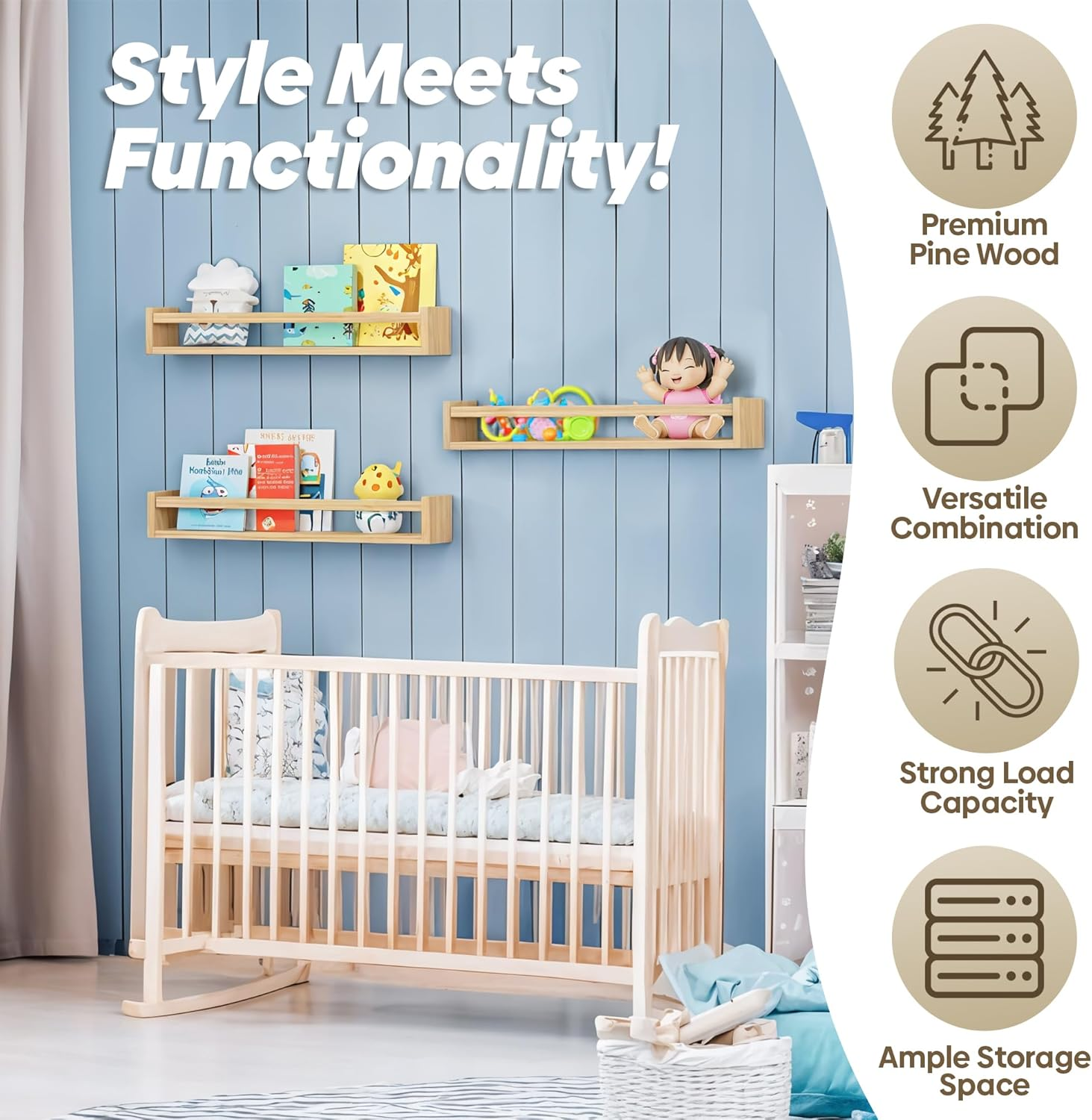 Floating Nursery Kids Book Shelves for Wall Set of 4, Wall Mounted Natural Solid Wood Furniture Bookcase Decor Storage Organizer Shelf for Bedroom Kitchen Bathroom Living Room (4, Natural) - 4, Natural image number 6