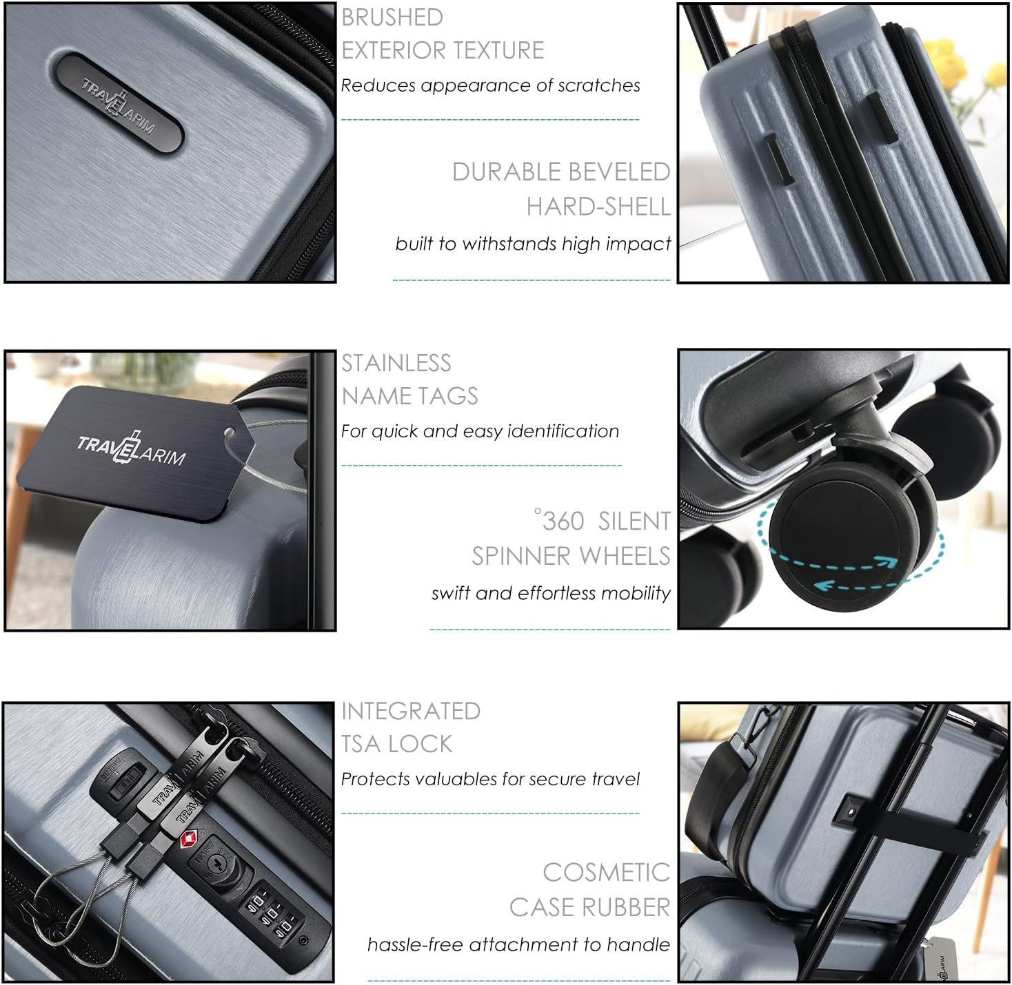 TRAVELARIM Carry on Luggage 22X14X9 Airline Approved - Grey image number 2