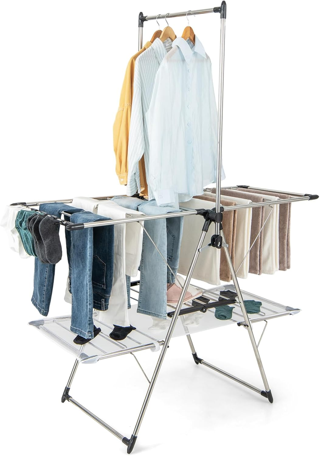 Giantex Folding Clothes Drying Rack, 2-Tier Metal Laundry Drying Rack Laundry Drying Rack with Height-Adjustable Wings, 33 Drying Rails, Middle Sock Clips, Side Wave-Shaped Bars, No Assembly