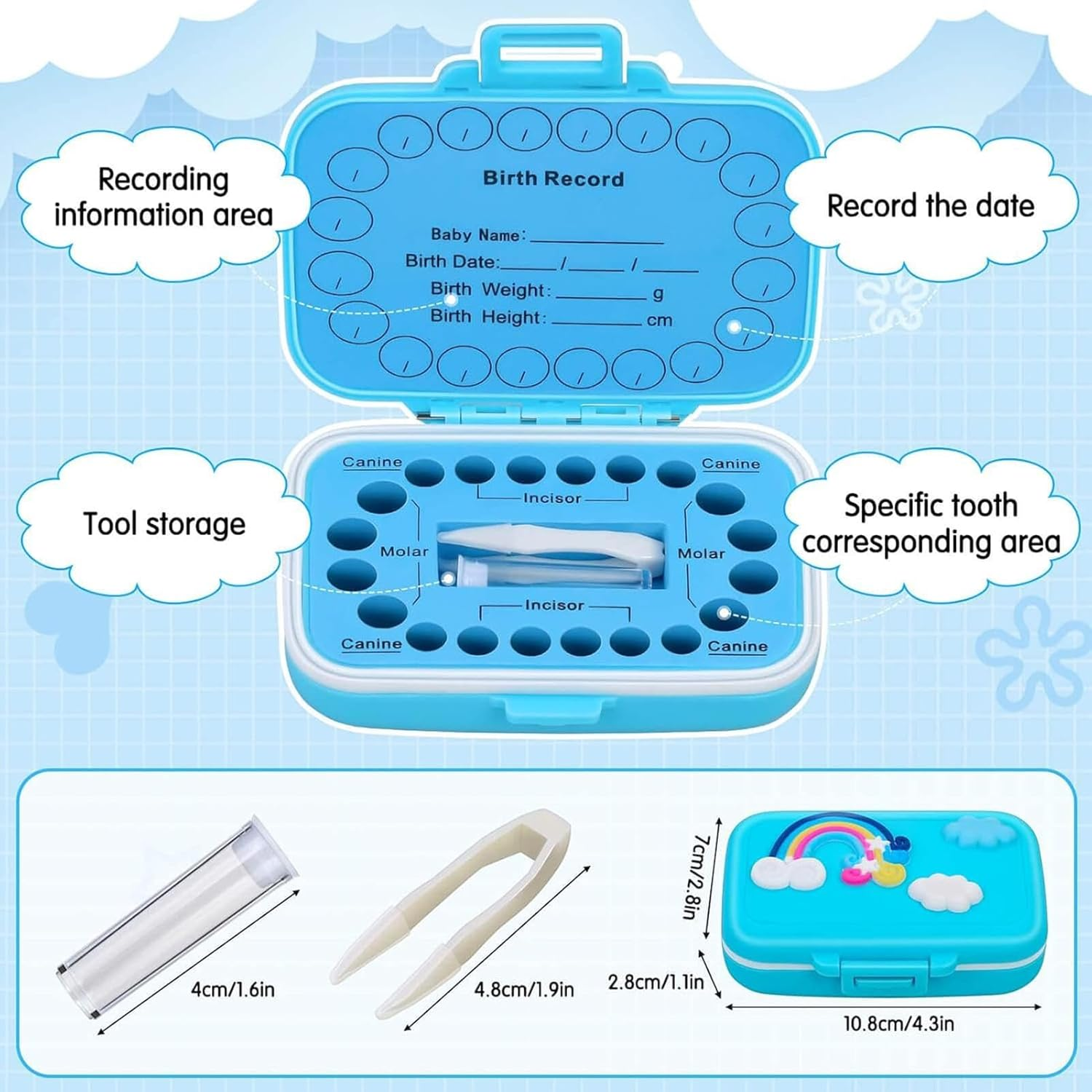 Tooth Holders for Kids Keepsake - Baby Tooth Holder Holds 20 Shed Teeth - Waterproof, Dustproof, Rainbow Pattern Tooth Holder with Tweezers, a Lanugo Bottle, Cotton Ball Pochy image number 2
