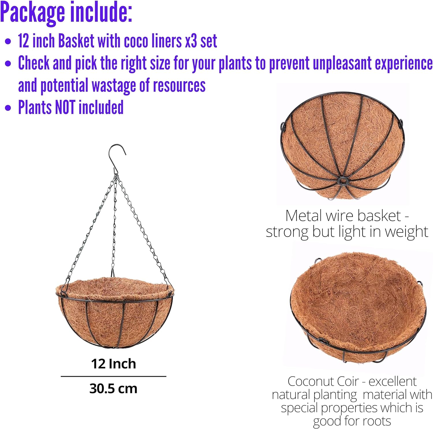 Hanging Basket for Plant - 3 Pack, 12 Inch, Small Hanging Metal Wire Planters with Coco Liner, Flower Pots Hanger round Plant Holder Porch Home Decor Garden Outdoor Macetas Colgantes Para Plantas image number 4