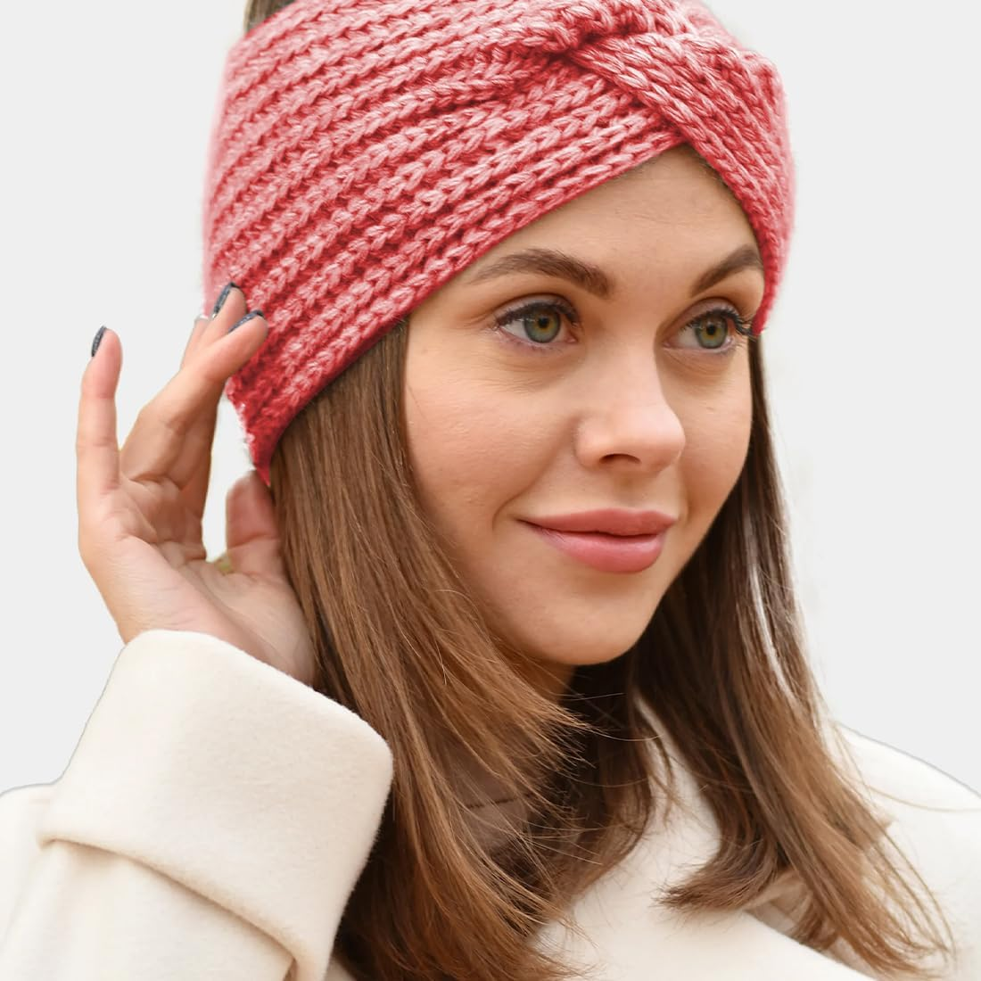 3 Pieces Knitted Headband Winter Women Winter Hair Bands Knitted Hair Bands Winter Crochet Head Wrap Khaki Pink Denim Blue image number 3