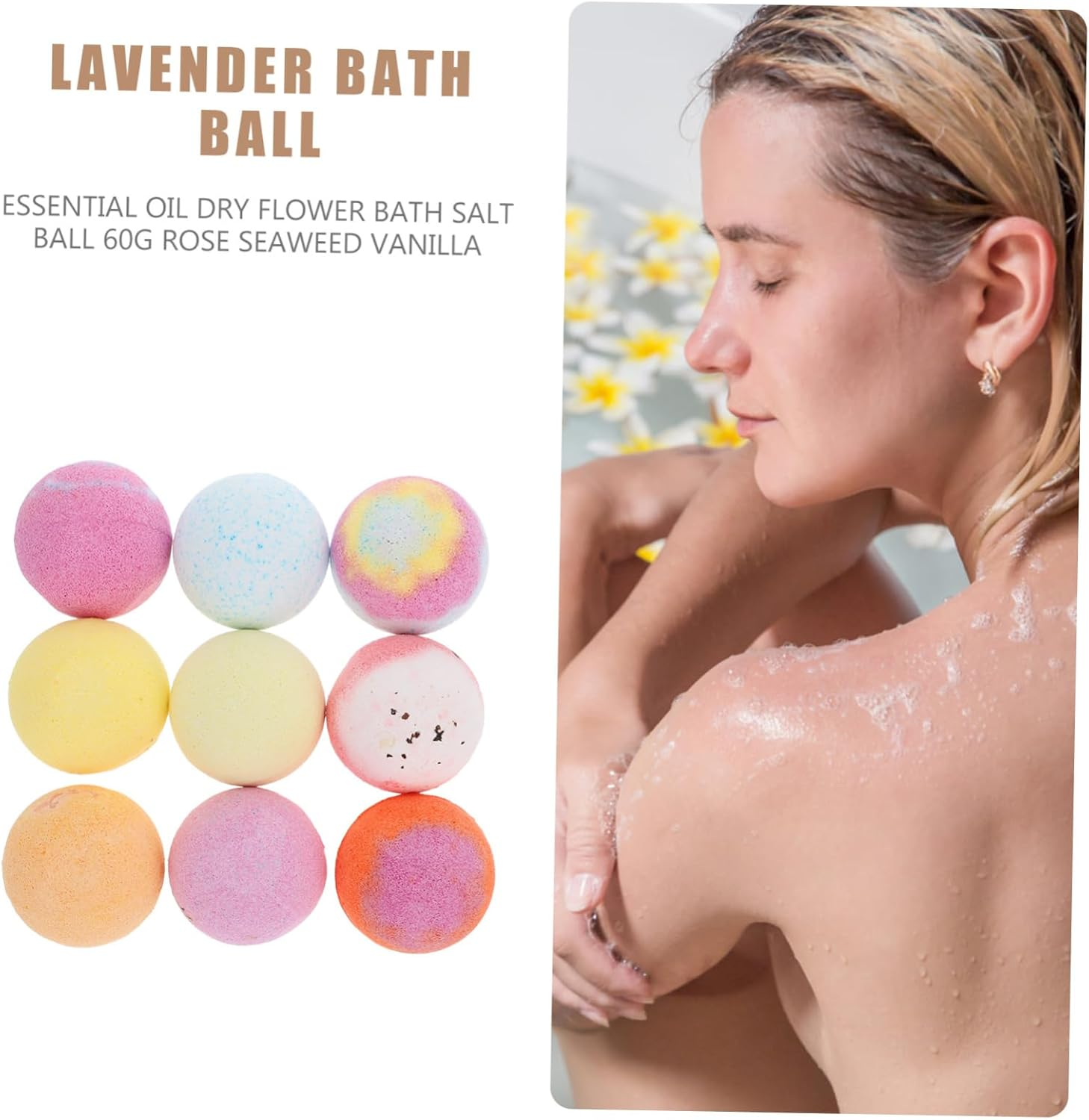 BATHVEVE 9Pcs Essential Oil Set 60G Fragrant Bubble Balls for Spa Relaxation Bath Accessories for Women and Boys and Girls image number 2