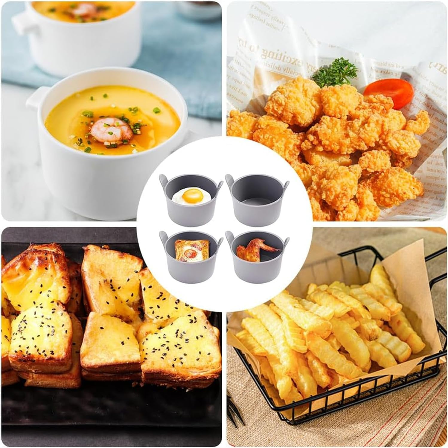 Coehaopike 4 Pcs Ramekins for Air Fryer, Silicone Air Fryer Egg Moulds, Non Stick Egg Poachers, Poached Egg Cup, Baking Cups, Large Muffin Cases for Air Fryer, Kitchen Gadget, Air Fryer Accessories (Grey) image number 6