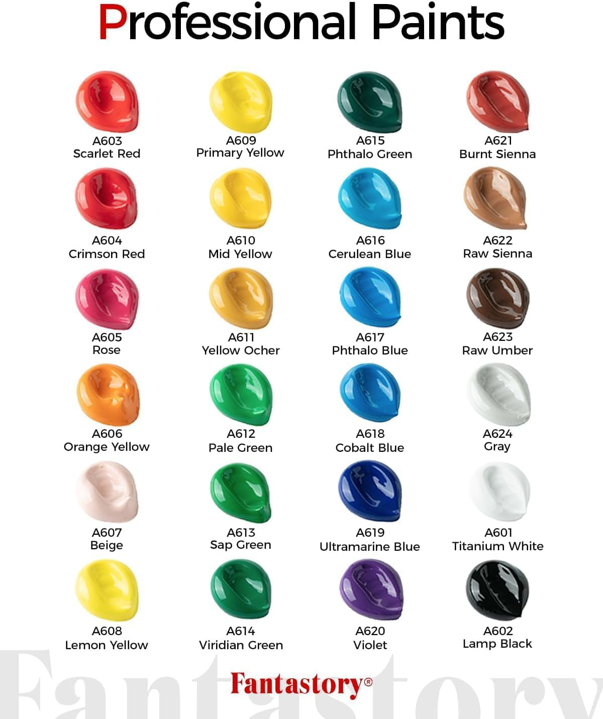 Fantastory Oster Acrylfarben Set 24X 60Ml,12 Pinsel;Exzellente Deckkraft,Hohe Lichtechtheit,Wasserfest Acrylic Paint;F&uuml;r Leinwand,Holz,Keramik,Modelle;K&uuml;nstler,Profis,Anf&auml;nger[Professionelle Serie image number 3