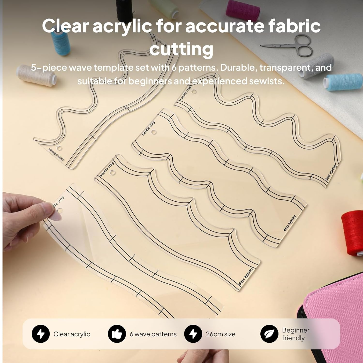 Frediuo 5X Wave Rulers Quilting Rulers DIY Quilting for Machine Quilting Patchwork Templates Sewing Accessories Quilting Templates image number 5