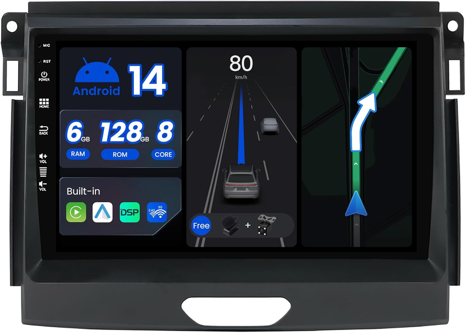 6G+128G - Android 14 IPS Car Stereo for Ford Ranger (2015-2020) - Wireless Carplay/Android Auto - LED Camera + MIC - 9 Inch 2 Din - DAB Steering Wheel Fast-Boot 360-CAM GPS Head Unit WIFI BT image number 2