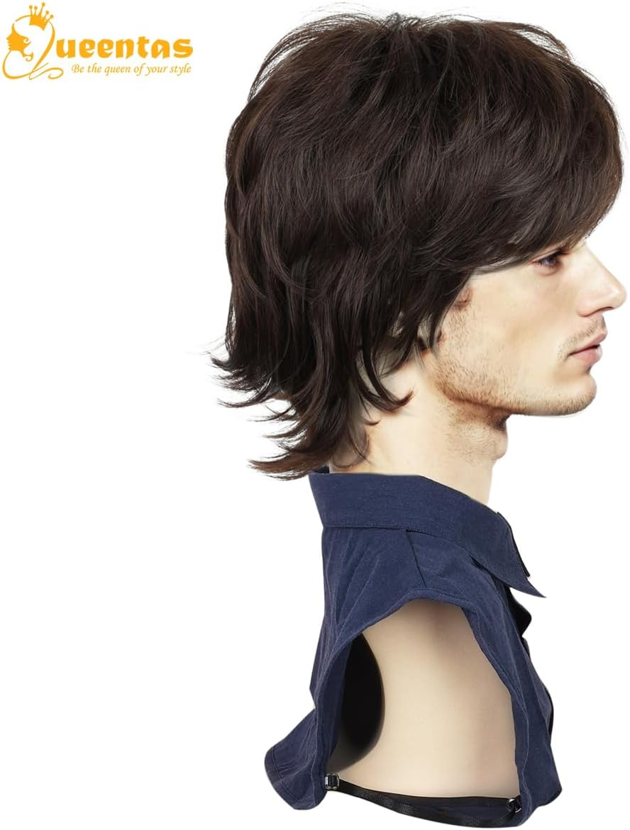 QUEENTAS Short Brown Wig for Men 70S Disco Rocker Punk Wig Mullet Wolf Men Hair Wigs for Daily Cosplay Synthetic Wig image number 2