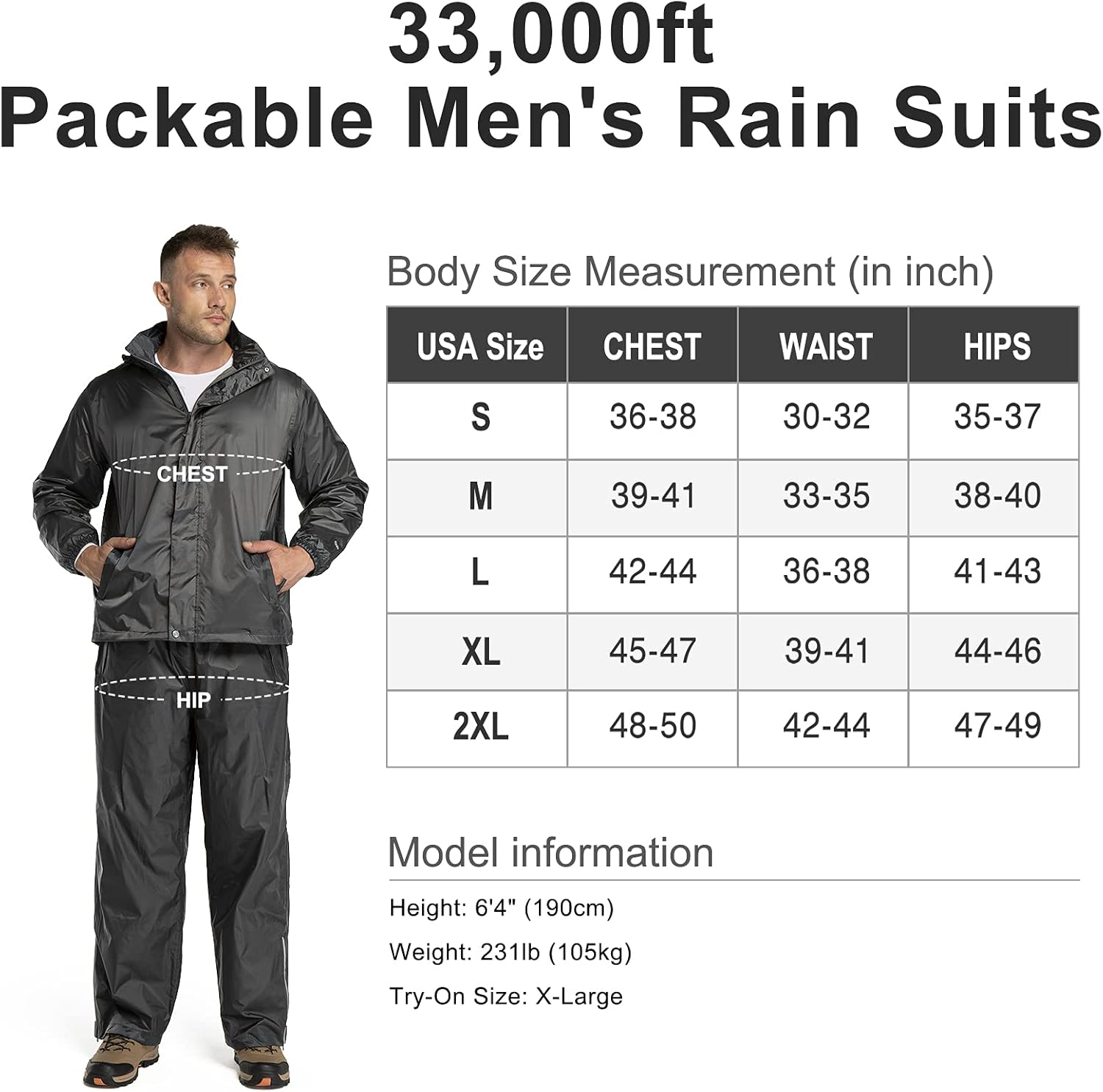 33,000Ft Men'S Waterproof Rainsuit Hooded Jacket Rain Trousers Packable Raincoat Sets Windproof Two Piece Waterproof Suit with Safety Reflectors for Fishing Hiking Camping image number 6