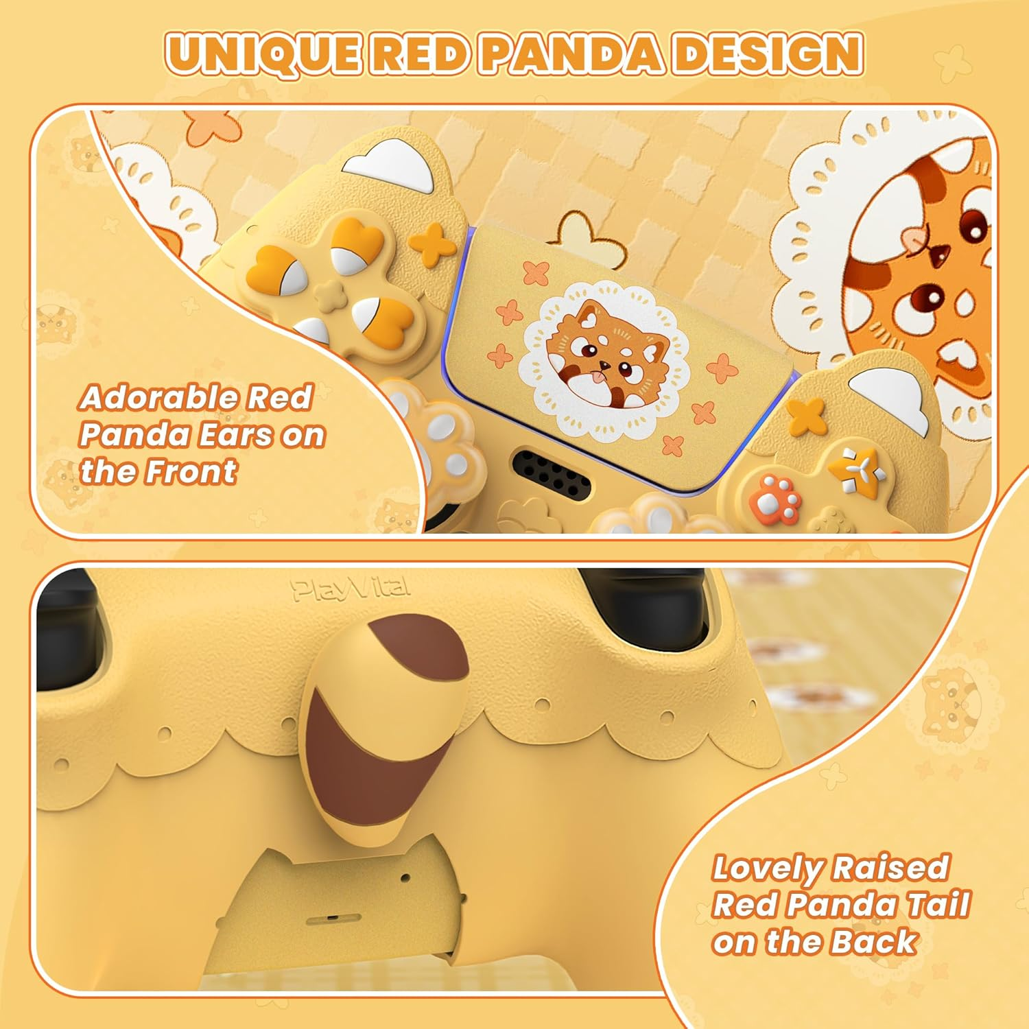 Playvital Cute Spring Lesser Panda Silicone Cover for Ps5 Controller with Joystick Cap and Sticker, Anti-Grip Shockproof Skin, Compatible with Charging Station, Warm Yellow image number 5