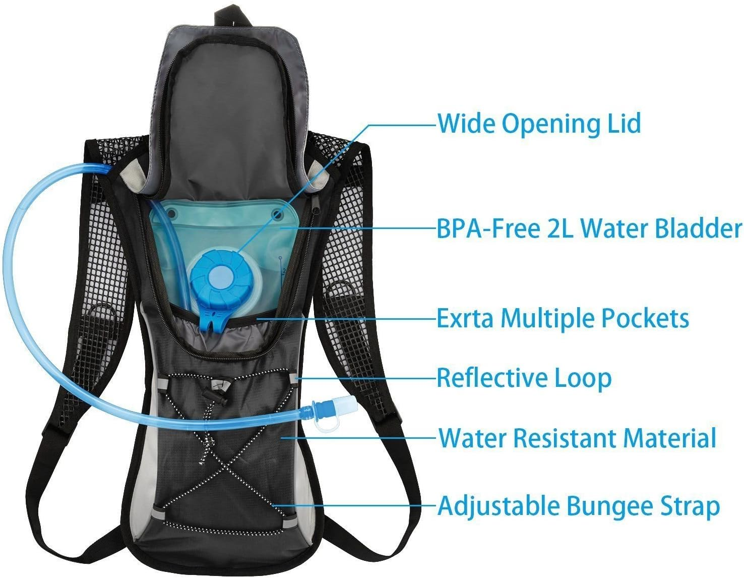 Hydration Pack 2L Water Bladder Bag Backpack Cycling Bicycle Hiking Camping (Black) image number 4