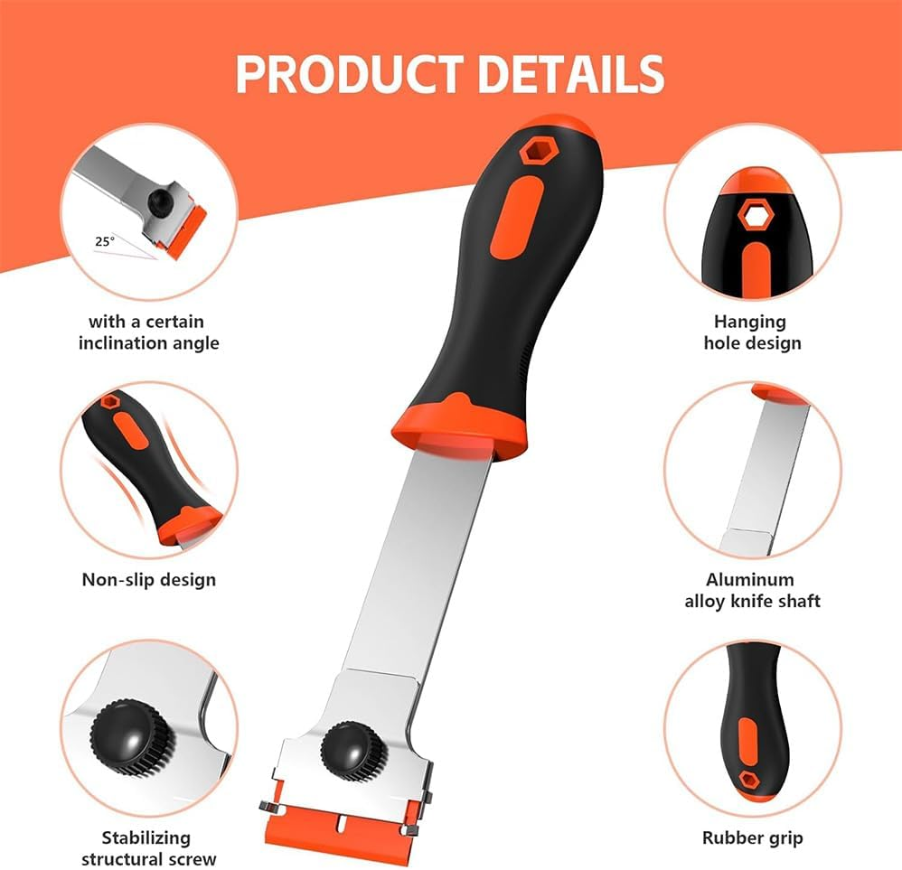 3Pcs Paint Scrapers with 30 Plastic and 30 Metal Blades, Plastic Scraper Glass Scraper, Stove, Sticker Remover, Paint, and Chewing Gum (Orange)