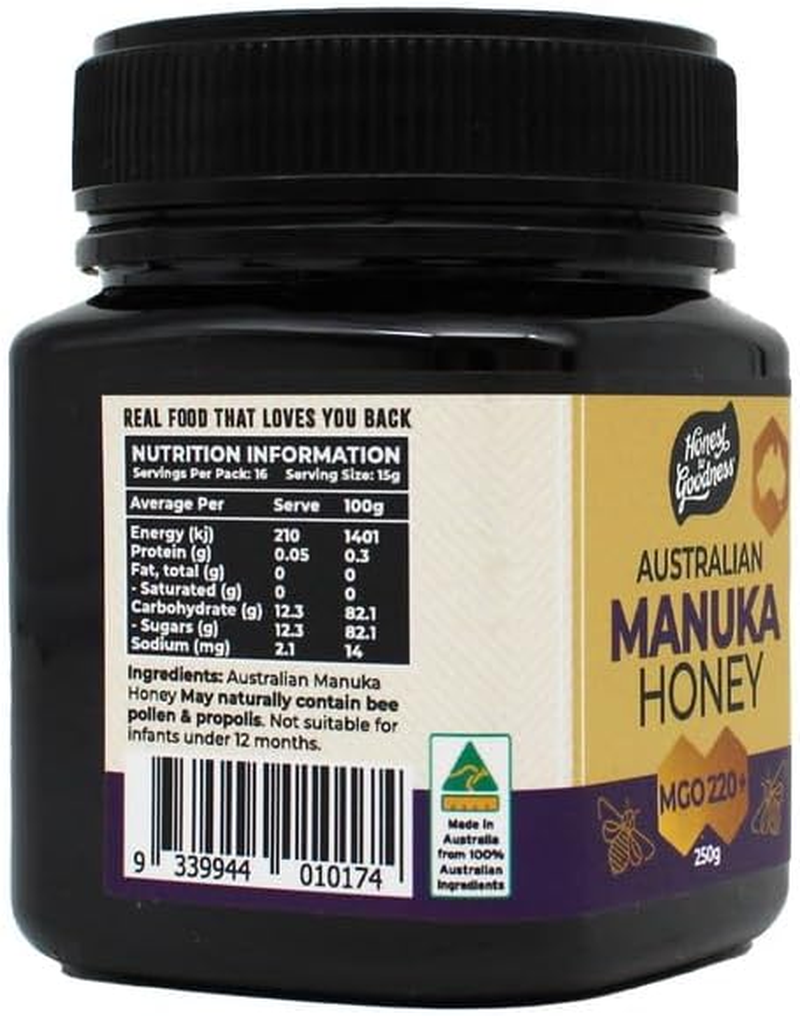 Honest to Goodness Australian Manuka Honey 220+ MGO, 250 G - Sourced from 100% Australian Hives. Premium Quality, Ethically Harvested and Deliciously Good.