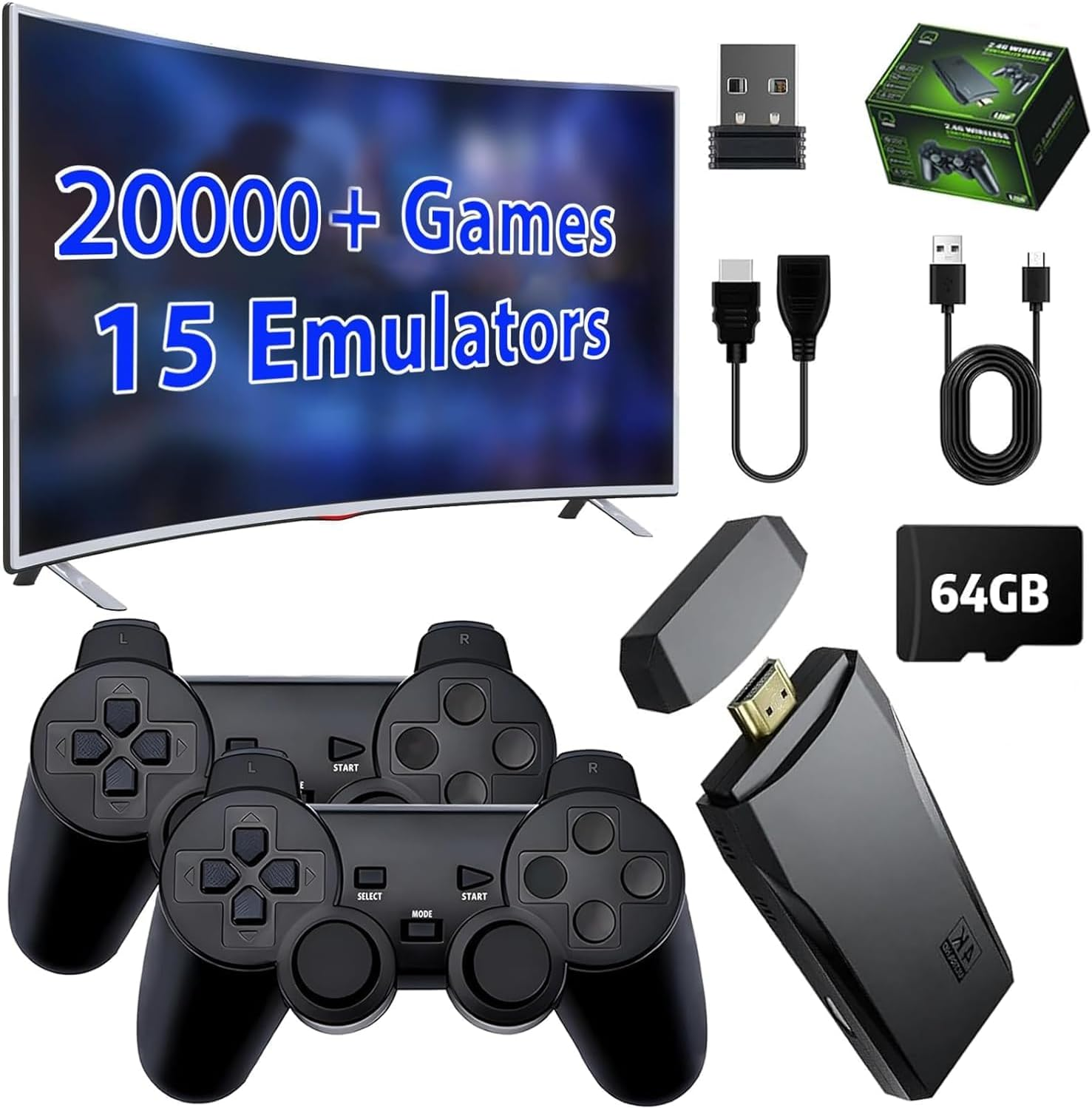Upgrade Wireless Retro Game Console Stick, Zerostory Retro Video Game Console Stick Built in 20000+ Games with 15 Emulators, 4K HDMI Output with 2 2.4G Wireless Controllers (64GB Memory Card) image number 2