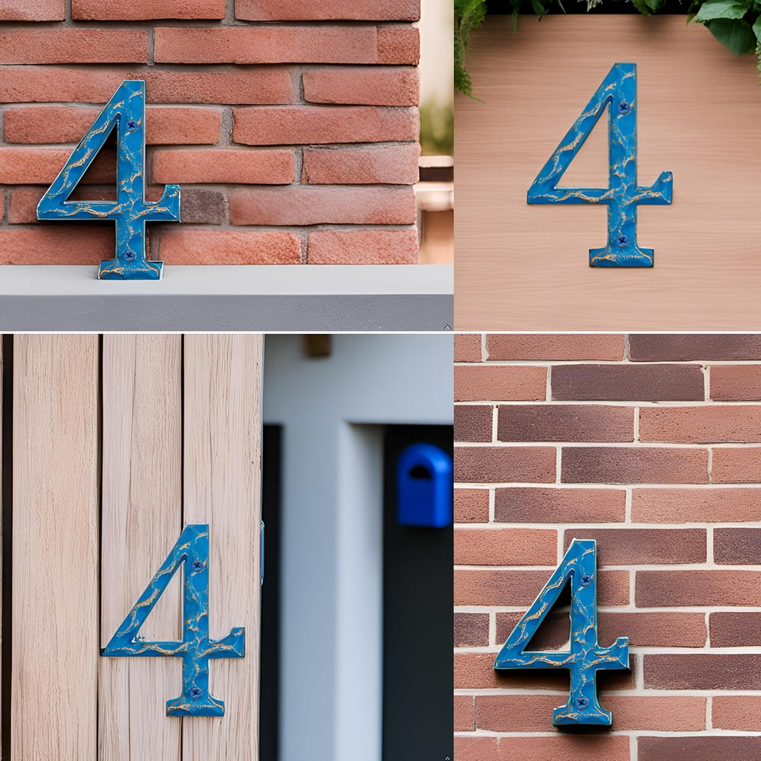5.5 Inch House Numbers- Unique Cast Iron Metal Address/Mailbox Number for outside or Front Door, Handmade Gold & Blue Finish (Number 4)