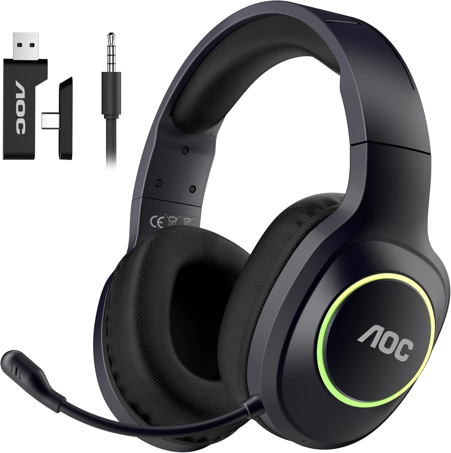 AOC Wireless Gaming Headphones with Bluetooth 5.4 & USB-C for PS5/4, Nintendo Switch, PC, Laptop, 2.4Ghz Gaming Headset with Mic, 20Ms Latency, 45H Playtime, 7.1 Virtual Surround- Glossy Black image number 1