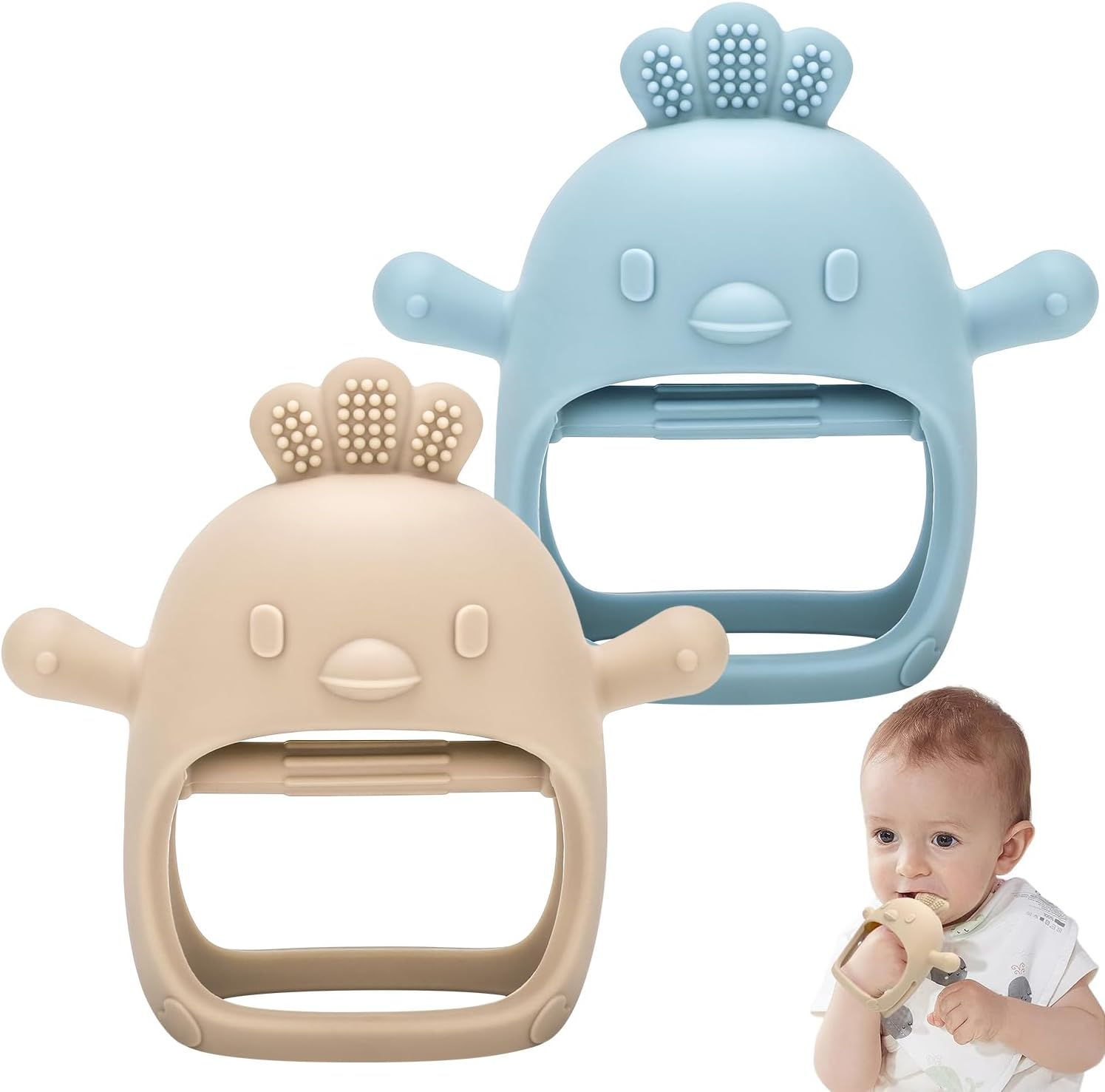 MISSLILI 2Pcs Baby Teething Toy for Infants 3+ Months, BPA Free Anti-Drop Silicone Chick Mitten Teether Toy for Soothing Sore Gums, Baby Chew Toys for Sucking Needs
