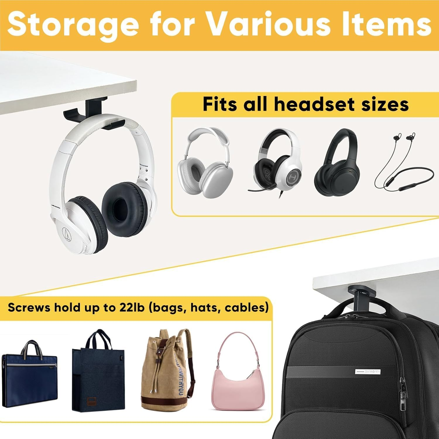 Fokmuaex under Desk Headphone Hook - Heavy Duty Dual Headset Stand with Adhesive & Screw Mounting, Space Saving Organizer for Gaming Headphones in Home Office/Gaming Cafe（1 Pcs） image number 6