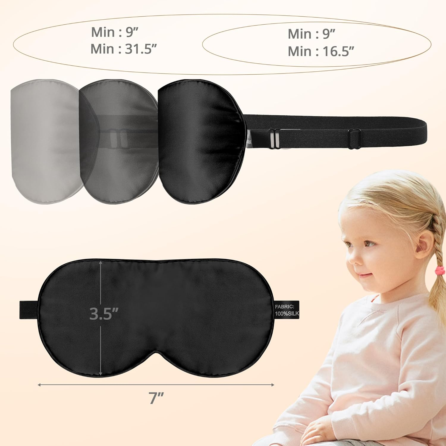 Kids Sleep Mask Eye Cover, 100% Real Natural Pure Silk Eye Mask with Adjustable Strap, Blindfold Kids Eye Mask for Sleeping, Eye Shade for Boys Girls and Adult, Pressure-Free Comfort (Black) image number 6