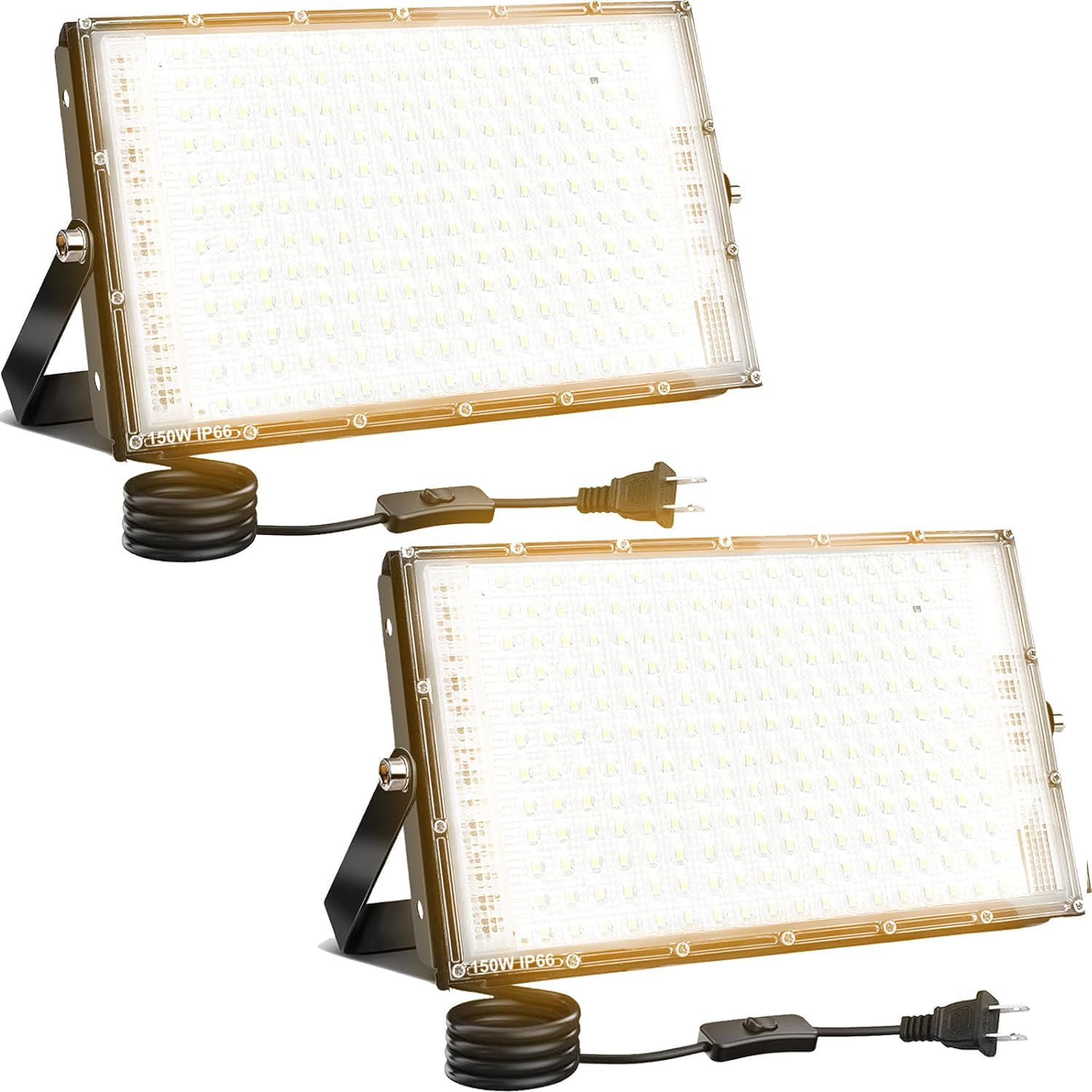 2 Pack 150W LED Flood Light 240V, CREATESTAR 15000Lm 3000K Warm White Plug in Flood Light, Outdoor Indoor Floodlight Fixture Landscape Security Floodlights Spotlight for Yard, Garden, Garage, Rooftop image number 1