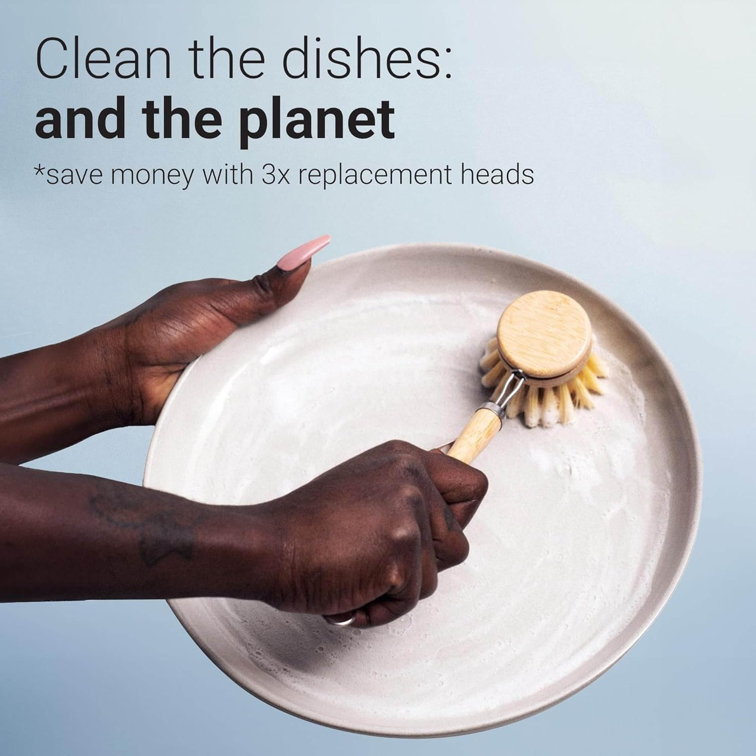 PHOENA Dishwashing Brush Dish Brush Bamboo Wood Dish Brushes with Handle, Premium Quality, Replaceable Brush Heads, Cleans Dishes, Eco-Friendly image number 4