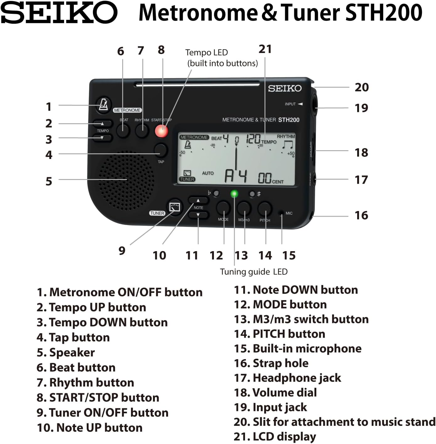 Seiko STH200BL Metronome Tuner, Loud Volume, Can Be Attached to Music Stands, Perfect for Brass Band, Blue - White image number 4