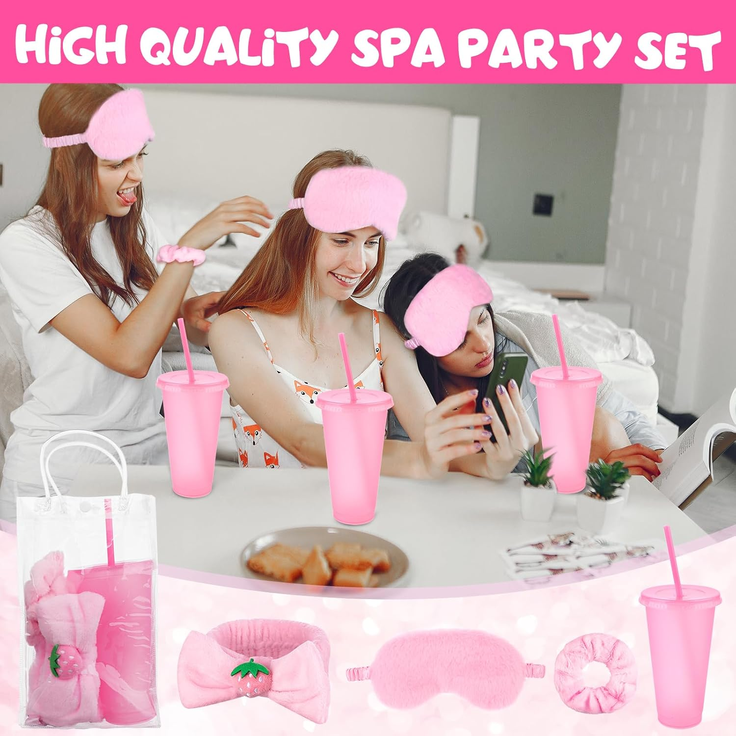 30 Piece Party Set Pajamas Girls Gift 6 Cute Hair Bobbles for Women 6 Spa Plush Sleep Masks Pink 6 Reusable Sequin Cups 6 Makeup Headbands 6 image number 2