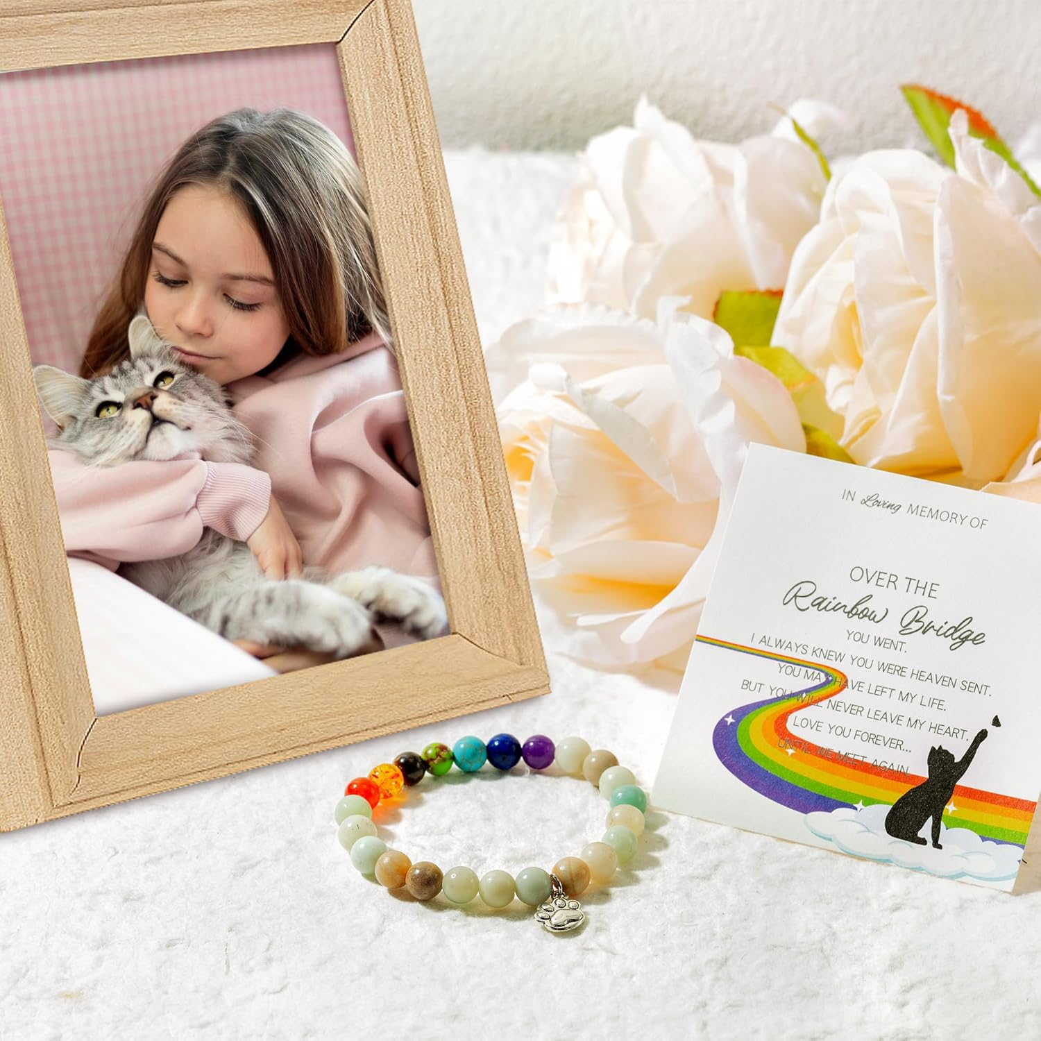 Cjiangpo Rainbow Bridge Cat Bracelets Memorial Gifts, Pet Bracelet with Cat Paw Charm Remembrance Cards Colorful Bracelet Cats Memorial Gift Loss of Pet Sympathy Jewelry Gifts for Cat Lovers Friends
