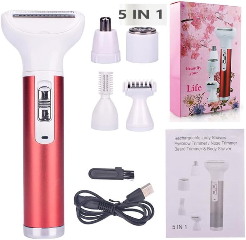 5-In-1 Electric Safety Shaver for Women, Lady Waterproof and Painless Cordless Shaver, Womens Can Finely and Accurately Comfort Shave,Eyebrows, Face, Nose, Armpits, Legs, Facial,Bikini Trimmer