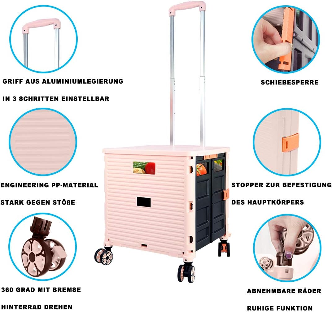 Foldable Utility Cart Folding Portable Rolling Crate Handcart Shopping Trolley Wheel Box with Lid Wear-Resistant Noiseless 360&deg;Rotate Wheel for Travel Shopping Moving Storage Office Use (Pink) image number 6