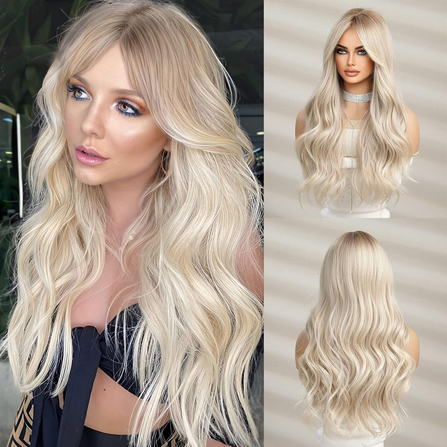 KIELO Long Wavy Synthetic Wig, Light Blonde, 66 Cm, Heat Resistant, Middle Part - Black image number 3