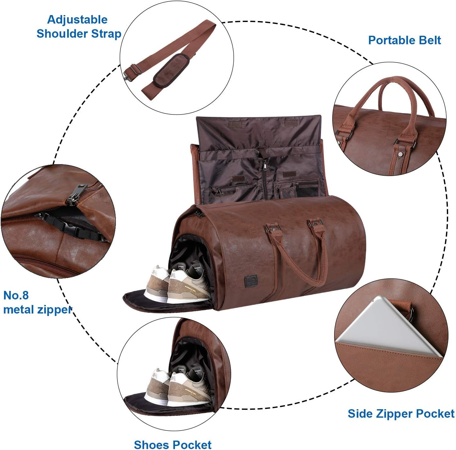 Seyfocnia Convertible Travel Garment Bag,Carry on Garment Duffel Bag for Men Women - 2 in 1 Hanging Suitcase Suit Business Travel Bag - Brown image number 2