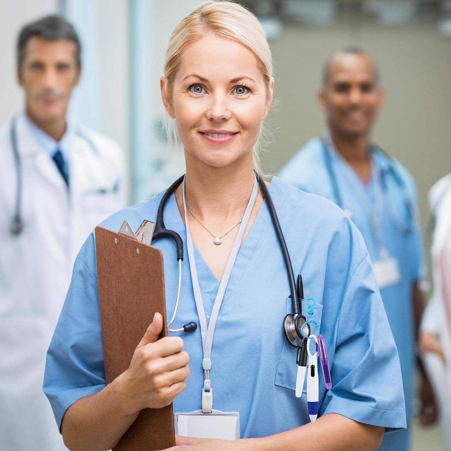 HOYDATE 8Pcs Mini Highlighter Nurse Pen Pack Set Nurse Pens for Badge Include Tip Highlighter 2 Permanent Marker Pens and 2 Retractable Ball Pen with 2 Nursing Keychain Clip (Rose Red+Blue) - Black+Orange image number 2