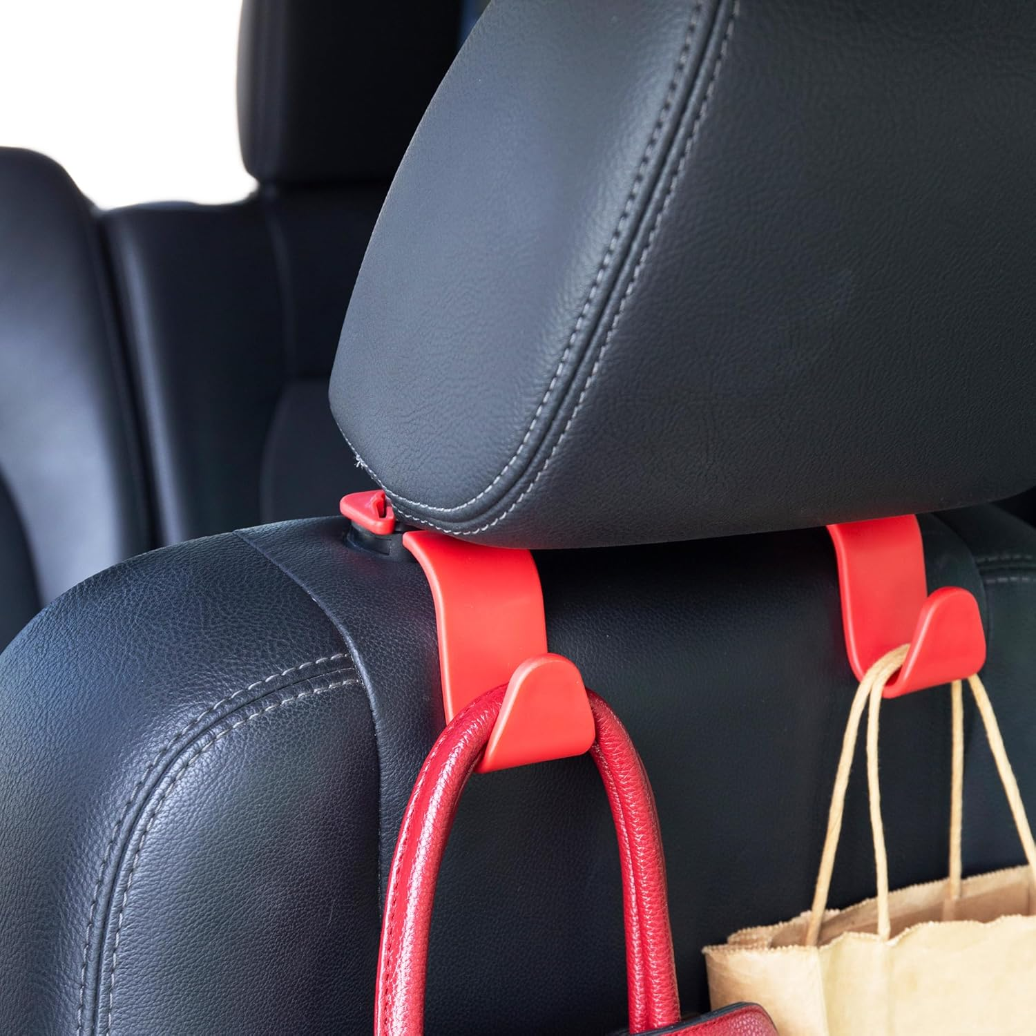 Amooca Car Seat Headrest Hook 4 Pack Hanger Storage Organizer Universal for Handbag Purse Coat Universal Fit Vehicle Car Red with Clip image number 4