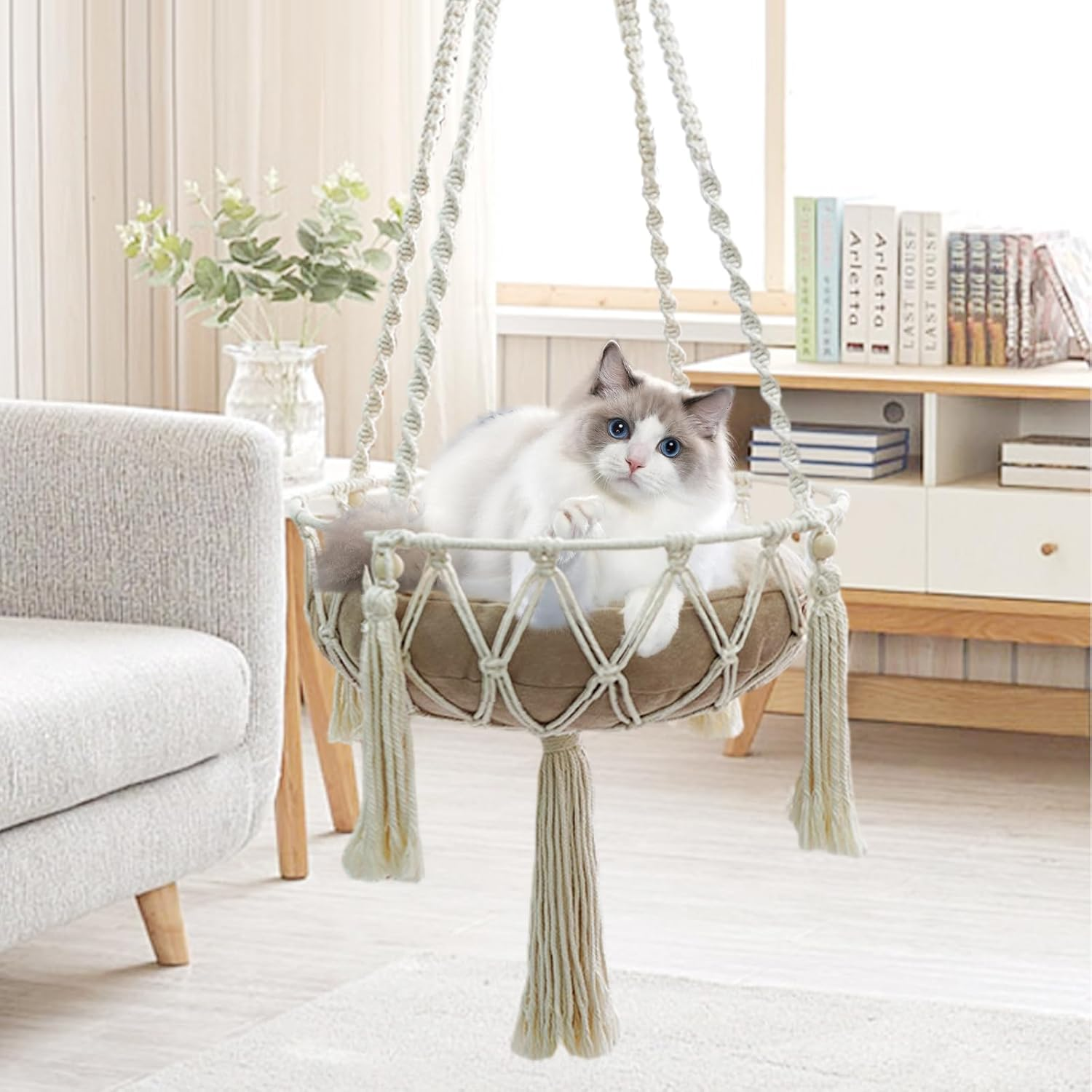 NCONCO Hand Knitted Hanging Cat Hammock Macrame Cat Hanging Bed Cat Basket Bed for Indoor and Outdoor Playing, Sleeping, Climbing (White) image number 2