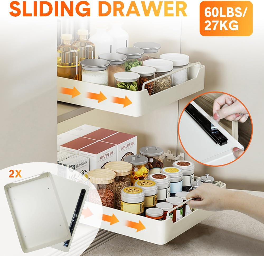 ALSTON 2PCS Sliding Storage Shelf Organizer Cabinet Basket Pull Out Metal Drawer Adhensive Nano Film No Drill for Kitchen Pantry Bathroom Max Load 27KG, Pack of 2 image number 5