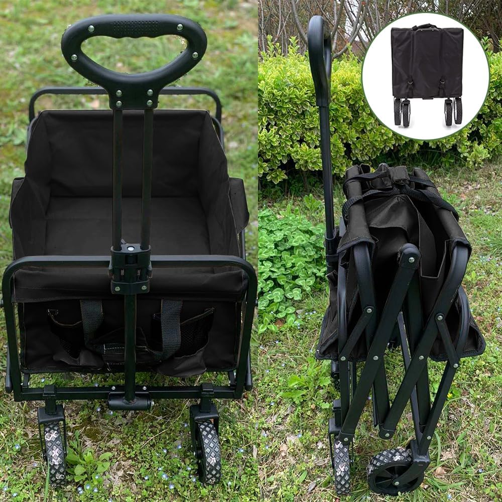 Collapsible Camping Cart with 360 Degree Swivel Wheels & Adjustable Handle, Heavy Duty Utility Wagon, Collapsible Wagon Cart, Folding Trolley Swivel Wheels Transport Cart, 150Kg Weight Capacity image number 2