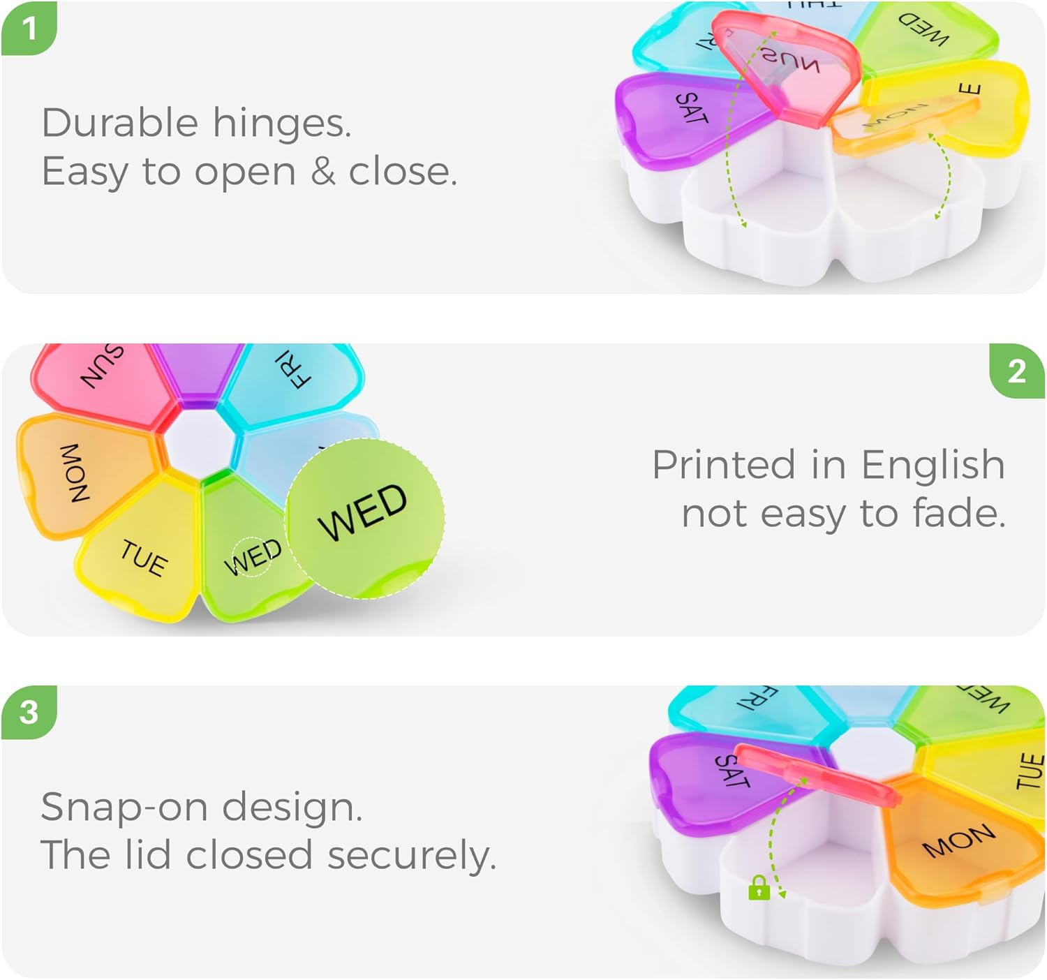 Opret Weekly Pill Organiser, Cute Pill Box 7 Day 1 Times a Day, Portable Travel Tablet Organiser with 7 Large Compartments for Vitamins Supplements Medication (Rainbow) image number 3