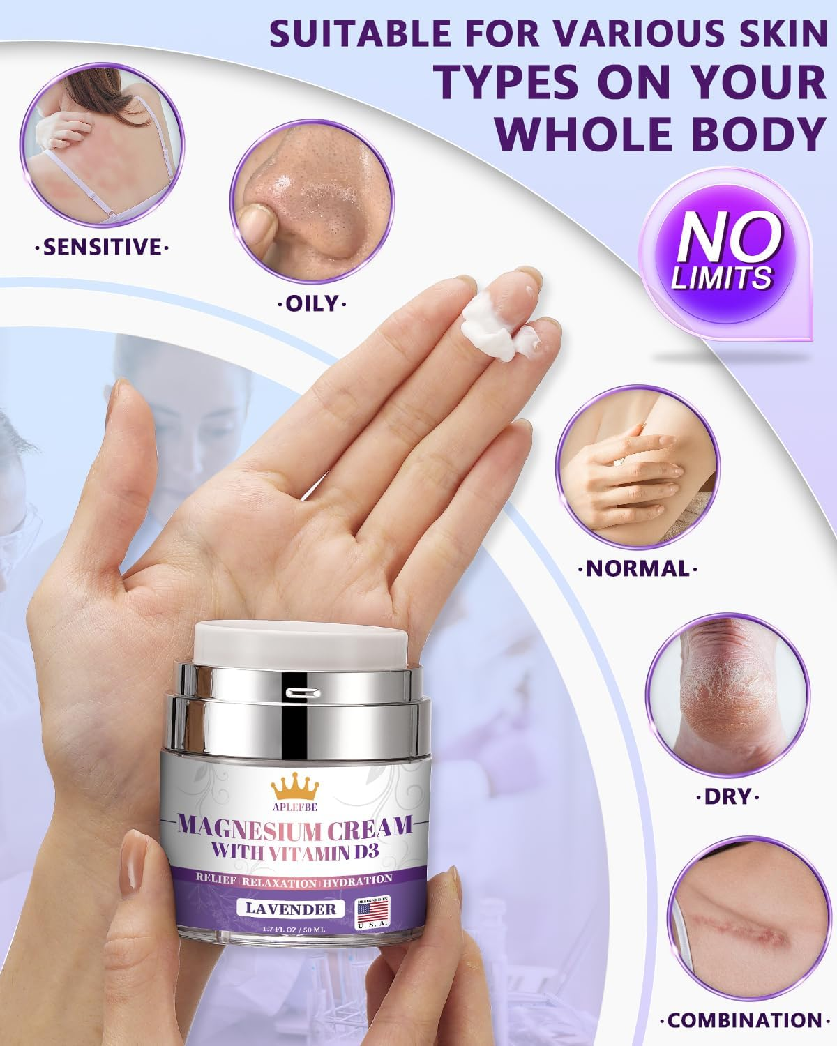 5-In-1 Magnesium Cream Lotion, Moisturizing & Hydrating with Lavender, Vitamin D3, Chamomile - Suitable for Kids & Adults, All Skin Types (1.7 FL OZ) image number 3