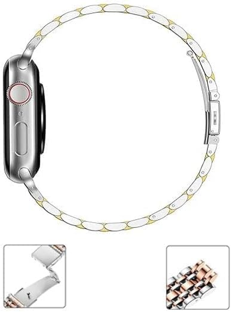 Maktech Stainless Steel Wristband,Women Slim Seven-Pieces Links 14Mm Metal Bracelet Band for Apple Watch Series 11/10/9/8/7,SE 3/2/1 [2025] (42Mm/41/40Mm,Silver/Gold) image number 1