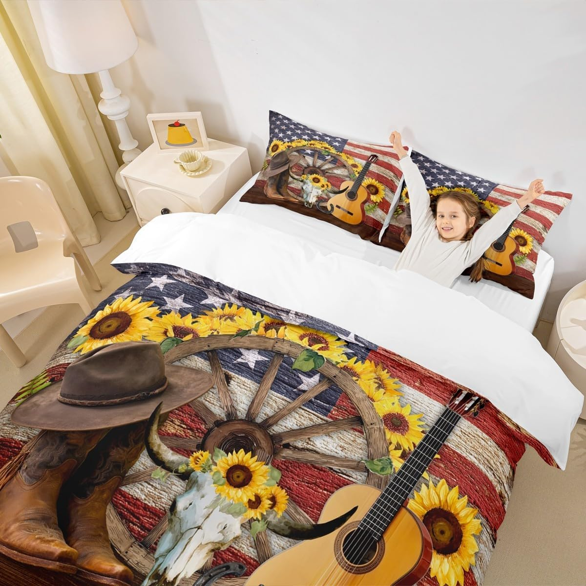Western Cowboy Kids Duvet Cover Set Queen Size,Cow Skull Horseshoes Sunflowers Bedding Set,Boys Girls Adults Room Decor,American Flag Retro Comforter Cover,Rustic Farmhouse Quilt Cover,2 Pillowcases image number 4