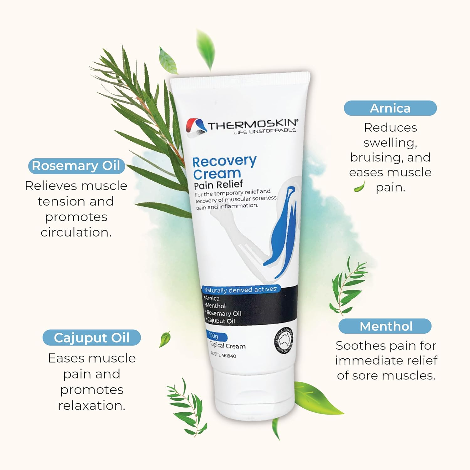 Thermoskin Recovery Cream 100 G &ndash; Muscle & Joint Recovery Cream for Sore Muscles, Sports Injury & Overuse &ndash; Helps Relieve Aches, Stiffness & Fatigue, Supports Faster Recovery & Mobility, Non-Greasy, Fast-Absorbing Topical Cream image number 2