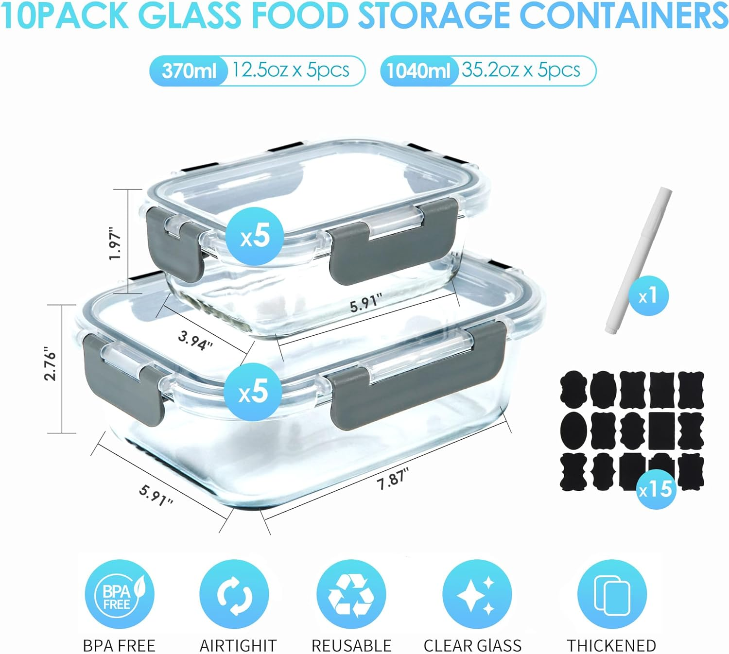 Welbellete 10 Pack Glass Food Storage Containers with Snap Lids (1040ML & 370ML) - Airtight Glass Meal Prep Containers, Leakproof Glass Lunch Containers for Microwave, Oven, Freezer and Dishwasher image number 3