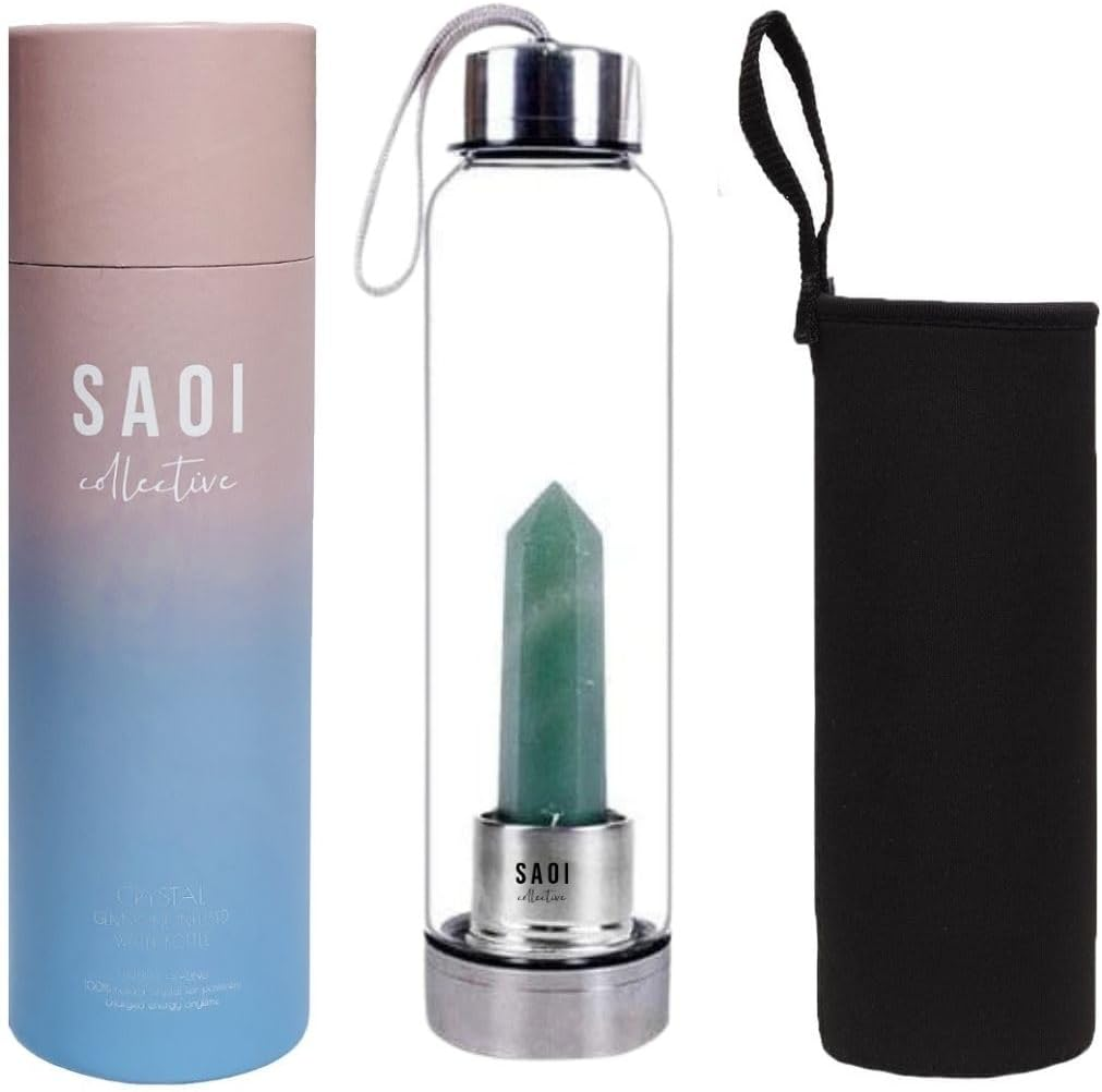 SAOI Crystal Water Bottle - Rose Quartz Gemstone Infused Elixir - Natural Wellness Healing - Glass/Stainless Steel