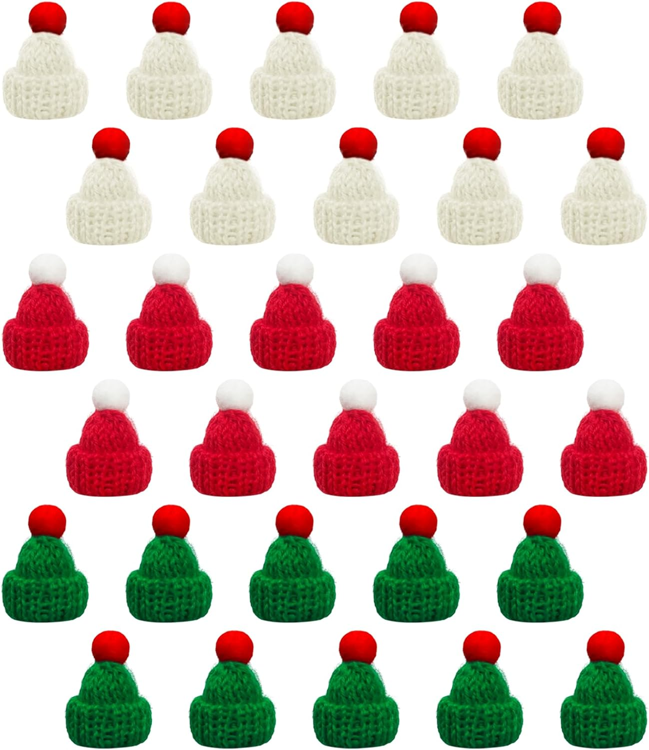 NILLOS Small Santa Hats, 30 PCS Mini Knit Doll Hats for Crafts, Party Decorations (3 Colors) image number 1