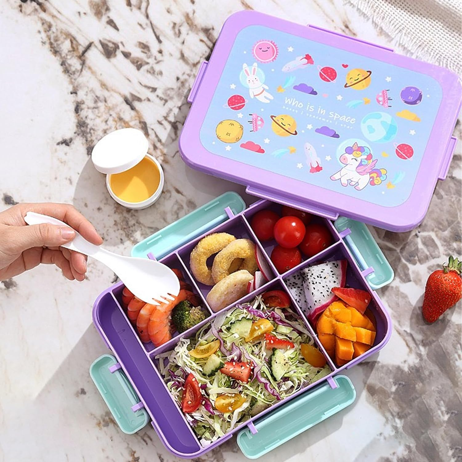 STRONGBERRY Kids Lunch Box, Healthy and Microwave - Safe, Dinosaur Parade, Purple Unicorn, Brown Bear Designs (Purple Unicorn) image number 4