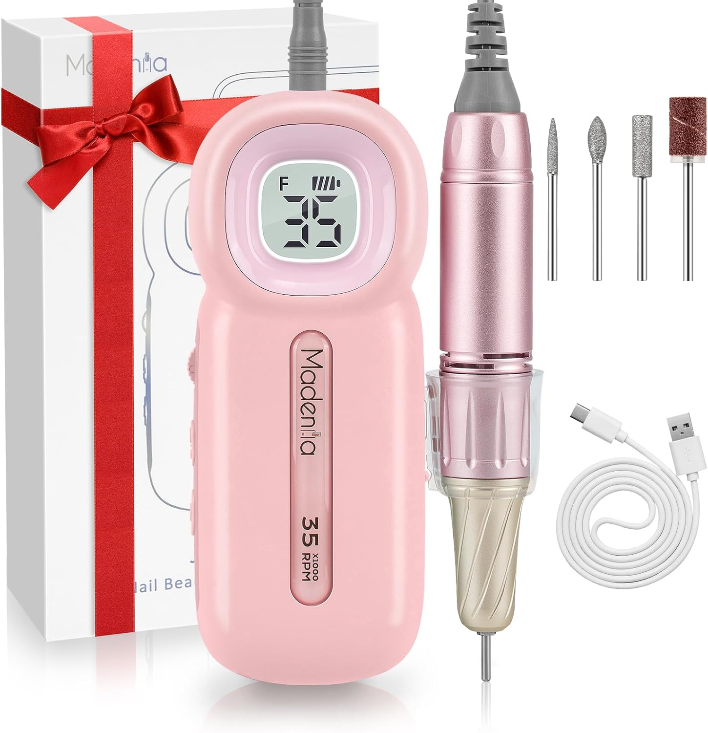 Madenia Rechargeable Electric Nail Drill Professional Portable E File Machine for Acrylic Gel Nails, Cordless Manicure Pedicure Polishing Tools, Pink image number 2