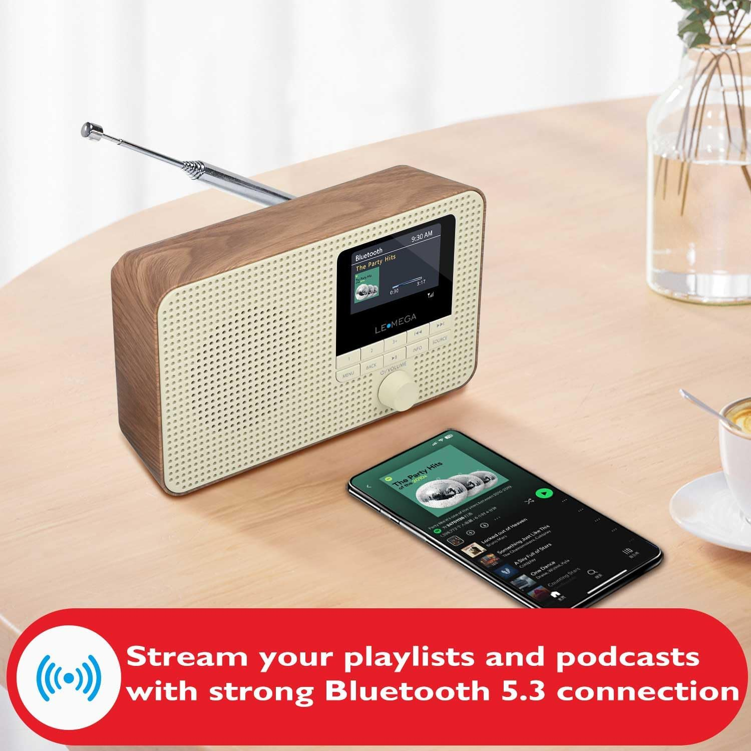 LEMEGA IR1 Portable Internet Radio,Fm Digital Radio,Wifi,Bluetooth,Dual Alarms&Clock,Kitchen/Sleep/Snooze Timer,40 Pre-Sets,Headphones Output,Colour Screen,Mains Powered and AA Batteries - Walnut image number 2